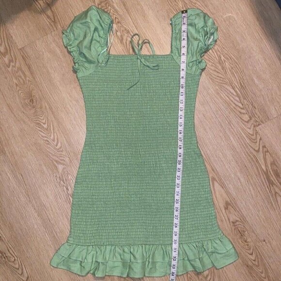 English Factory Green Smocked Mini Dress L Puff Sleeve Ruffle Hem Western Boho - Picture 10 of 12